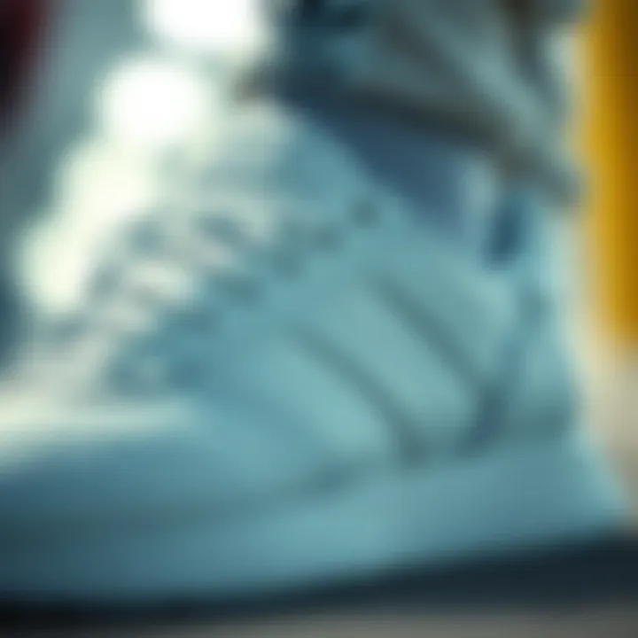 Design Excellence: adidas White Shoe Features Close-up of adidas white shoes highlighting design details