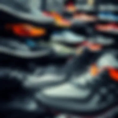 Various types of running shoes displayed in an organized manner