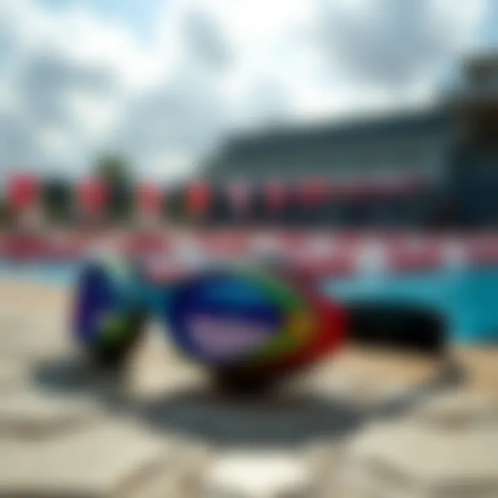 Colorful swimming goggles resting on a pool deck