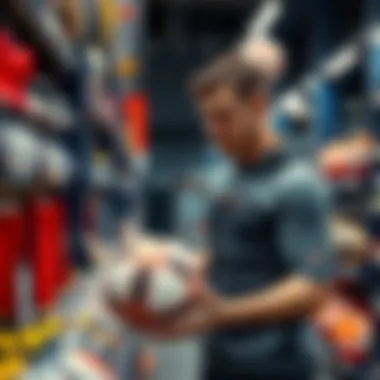 An athlete selecting a sports ball in a retail environment.