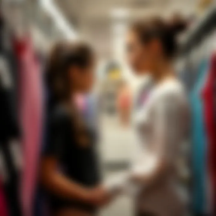 A parent choosing the perfect gymnastics tights for their child in a store.