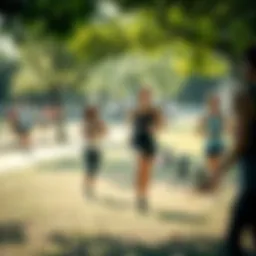 A serene outdoor setting with individuals engaging in various physical activities.