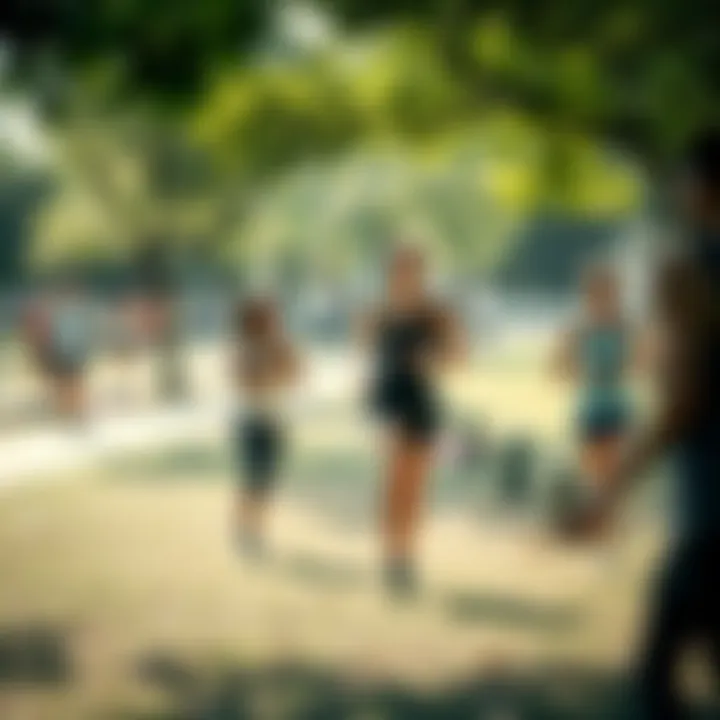 A serene outdoor setting with individuals engaging in various physical activities.