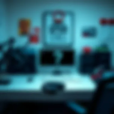 A vibrant workspace featuring a desk with fitness gear and a motivational quote.