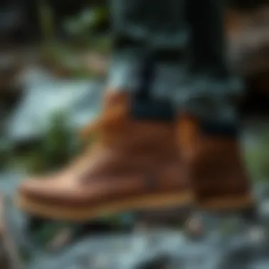Stylish Timberland outdoor shoes paired with fashionable outdoor gear.